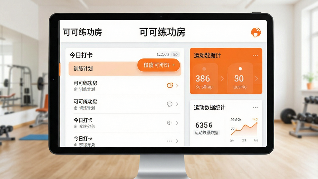 一张展示“可可练功房”软件主界面的高清截图,界面包含训练计划列表、今日打卡按钮和运动数据统计卡片,整体风格清爽简洁,配以活力橙色点缀,布局为上下结构,顶部显示软件名称“可可练功房”字样,画面明亮,细节清晰,干净无多余元素。