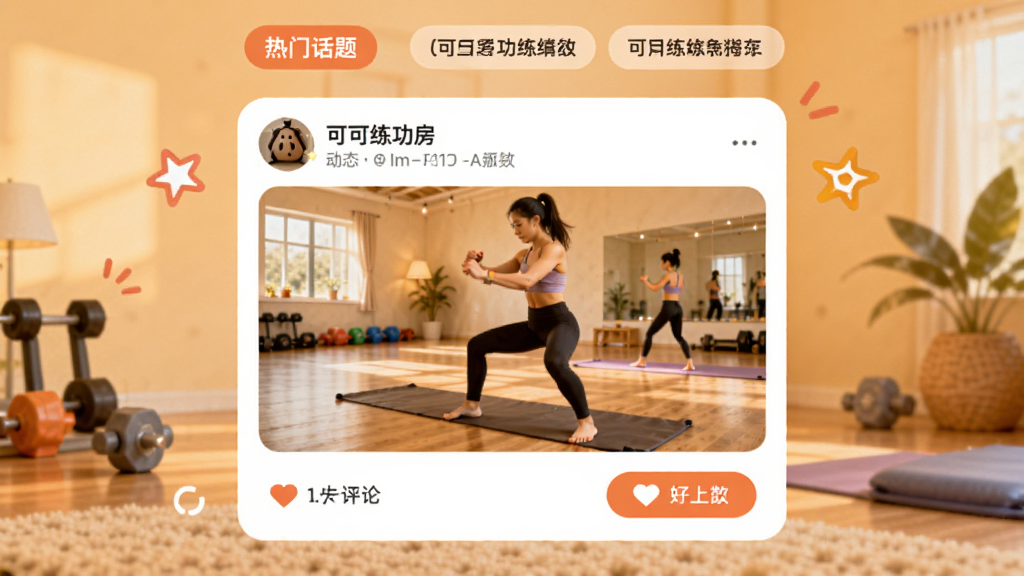 展示“可可练功房”社区互动界面的预览图,画面中央是用户发布的训练打卡动态卡片,包含照片和点赞评论按钮,顶部有热门话题标签,背景为暖色调,整体风格活泼,元素布局合理,清晰无杂物。