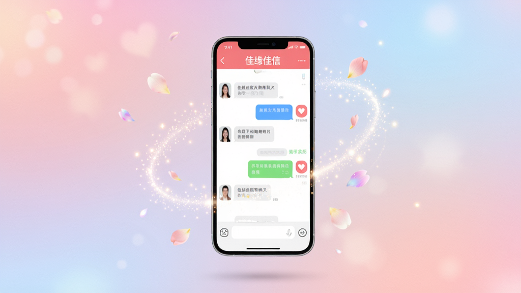 画面主体为一部现代智能手机悬浮于柔和渐变色背景中央,屏幕中展示佳缘佳信APP的聊天界面,界面顶部显示“佳缘佳信”字样,下方有对话气泡与心形图标,手机周围环绕着光点与花瓣,整体布局居中,风格唯美浪漫,细节丰富,画质高清干净,无多余元素