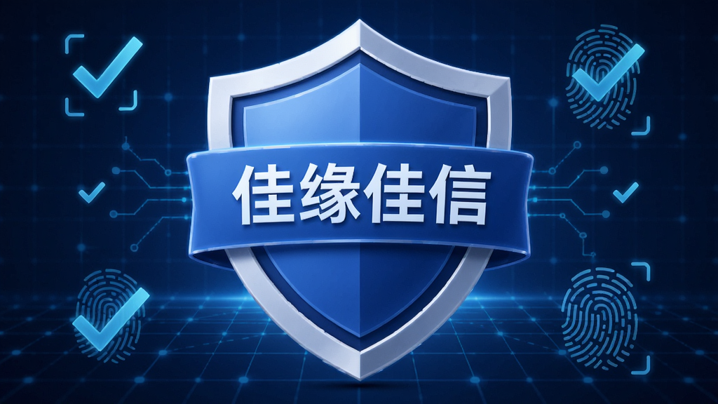 画面主体为盾牌图标与认证徽章的组合,盾牌中央有“佳缘佳信”字样,背景为蓝色科技感网格,四周有对勾和指纹图案,布局居中,风格简洁现代,细节清晰,画质干净,无多余元素