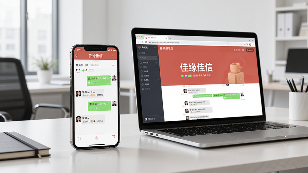 画面主体为一部手机与一台笔记本电脑并排放在书桌上,手机屏幕显示佳缘佳信聊天界面,电脑屏幕显示同款软件网页版,桌面整洁,背景为简约办公室,布局清晰,风格写实,细节丰富,画质高清,无多余元素