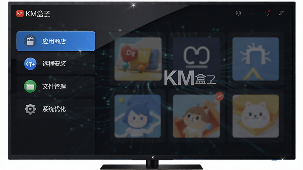 KM盒子主界面预览图,主体为深色电视屏幕中展示的软件主界面,左侧功能列表包含应用商店、远程安装、文件管理、系统优化,整体布局清晰,排版规整,风格偏科技感,细节高光处理,画质干净,无多余元素