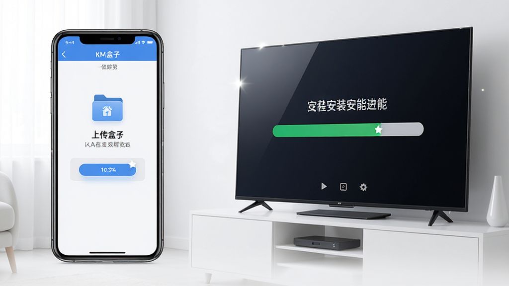 KM盒子远程安装功能演示图,主体为手机与电视同屏互联示意,手机端显示上传文件界面,电视端显示安装进度条,布局左右呼应,排版简洁,风格现代,细节高光,画质干净,无多余元素