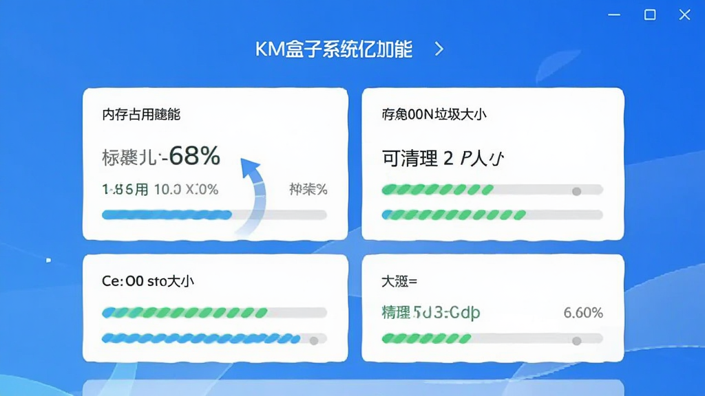 KM盒子系统优化功能截图,主体为清理加速界面,显示内存占用比例和可清理垃圾大小,布局居中,排版简洁,风格清爽,细节进度条动画,画质干净,无多余元素