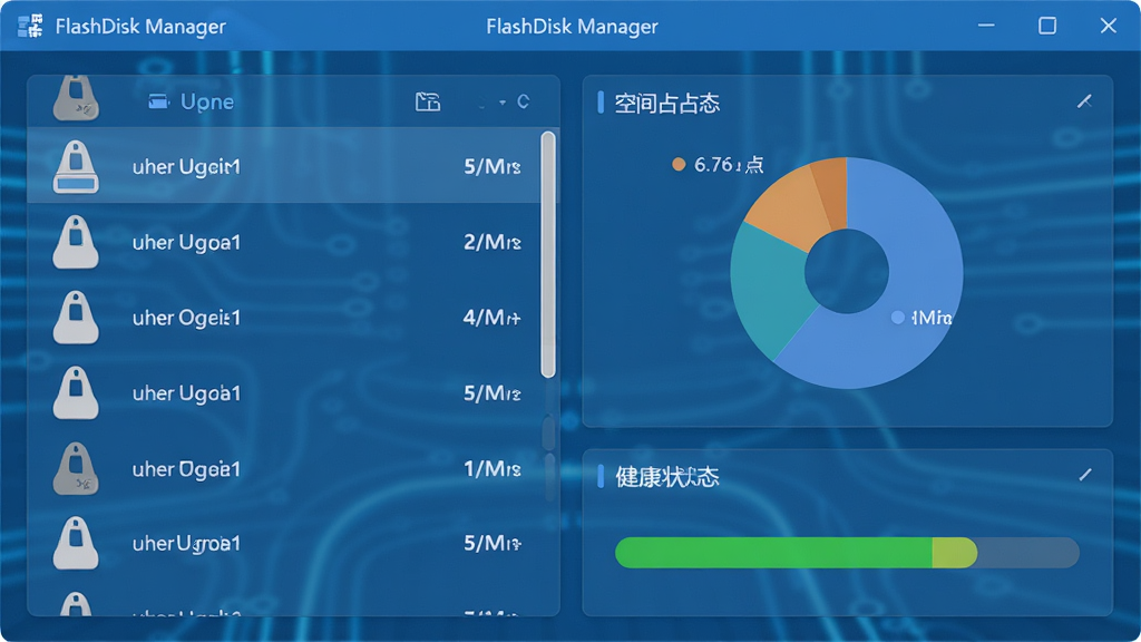 FlashDisk Manager主界面预览图,展示U盘列表、空间占用饼图、健康状态指示,布局清晰,现代扁平化设计风格,蓝色科技色调,界面整洁干净,高分辨率,细节丰富,画质清晰,无多余元素