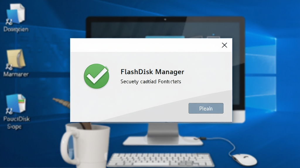 FlashDisk Manager安全弹出提示弹窗,绿色对勾图标,背景为计算机桌面,弹窗简洁,界面友好,现代风格,高分辨率,干净无多余元素