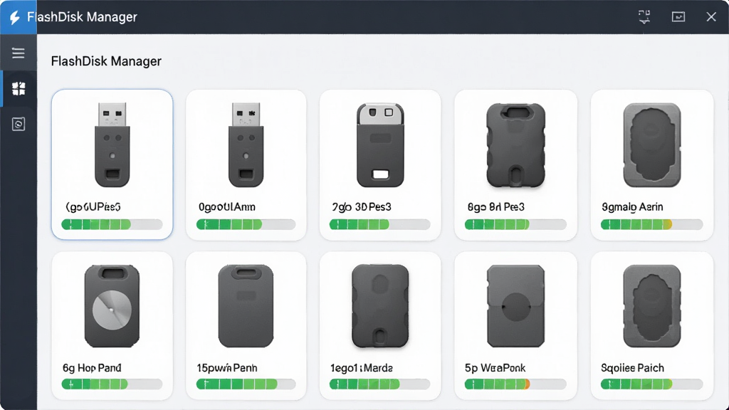 FlashDisk Manager设备列表界面,展示多个U盘和移动硬盘图标,每个设备显示容量条和健康状态,布局整齐,图标鲜明,界面友好,现代风格,高画质,干净无多余元素