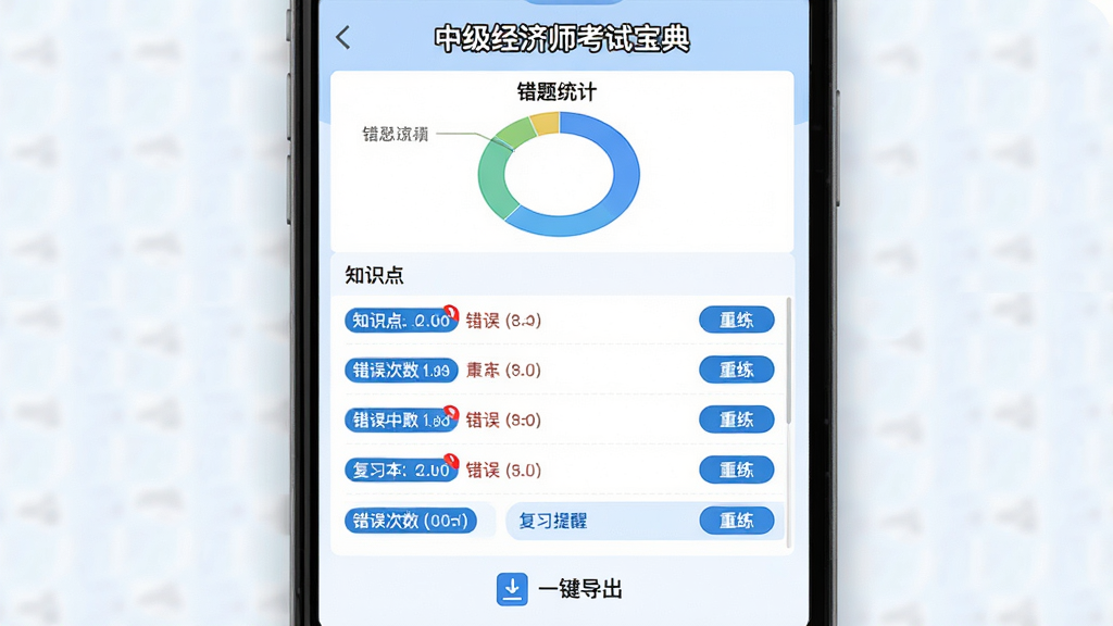 画面主体为“中级经济师考试宝典”错题本界面,顶部为“错题统计”环形图,中部为错题列表,每条错题显示知识点标签、错误次数与“重练”按钮,底部为“一键导出”图标,布局清晰,排版整齐,风格清新浅色,细节包括红色错误标记和蓝色复习提醒条,画质高清干净。