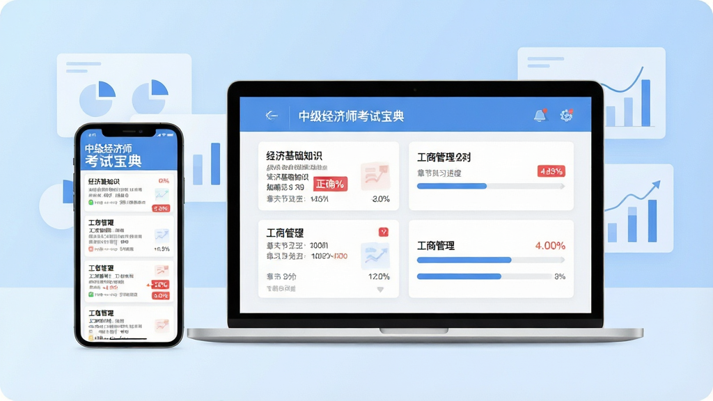 画面以“中级经济师考试宝典”学习界面为核心,主体为一部智能手机与一台笔记本电脑并排展示,屏幕上清晰显示“经济基础知识”与“工商管理”科目列表及章节练习进度条,背景为淡蓝色渐变与简洁的图表元素,布局居中对称,排版清爽,风格现代扁平化,细节包括知识点卡片、红色正确率百分比标识,画质高清干净,无多余元素。