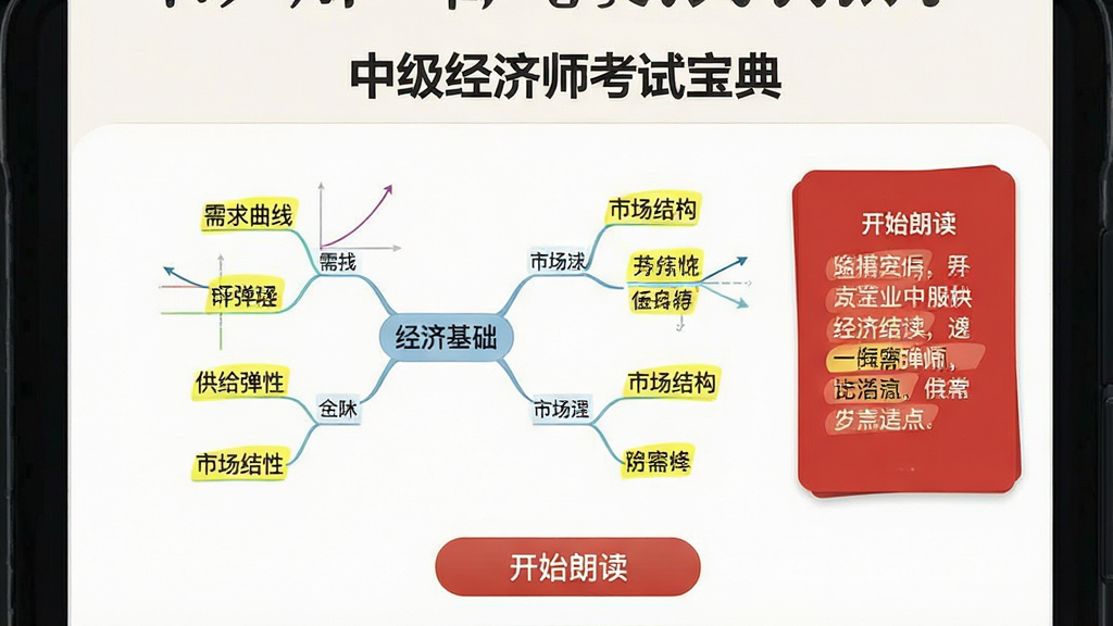 图片主体为“中级经济师考试宝典”考点速记页面,中央展示一张“经济基础”思维导图,分支节点为“需求曲线”“供给弹性”“市场结构”等关键词,右侧配以红色口诀卡片,底部为“开始朗读”按钮,布局层次分明,排版简洁,风格素雅极简,细节包括高亮黄色标记的重点词,画质干净无多余元素。