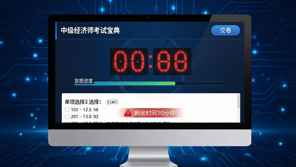 画面主体为“中级经济师考试宝典”模拟考场界面,一台电脑显示器上显示倒计时时钟和答题进度条,下方为单项选择题区域,右上角有“交卷”按钮,背景为深蓝色科技感光效,布局集中,排版紧凑,风格现代科技,细节包括红色警告“剩余时间10分钟”字样,画质高清干净。