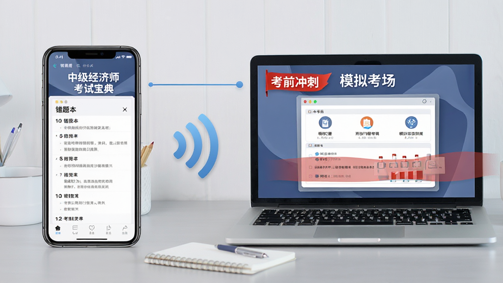 图片主体为“中级经济师考试宝典”手机与电脑端同步使用场景,左侧是手机竖屏显示“错题本”界面,右侧是笔记本电脑显示“模拟考场”成绩报告,中间有无线网络符号连接,背景为浅灰色桌面,布局左右平衡,排版清晰,风格简约商务,细节包括红色“考前冲刺”横幅,画质干净无多余元素。