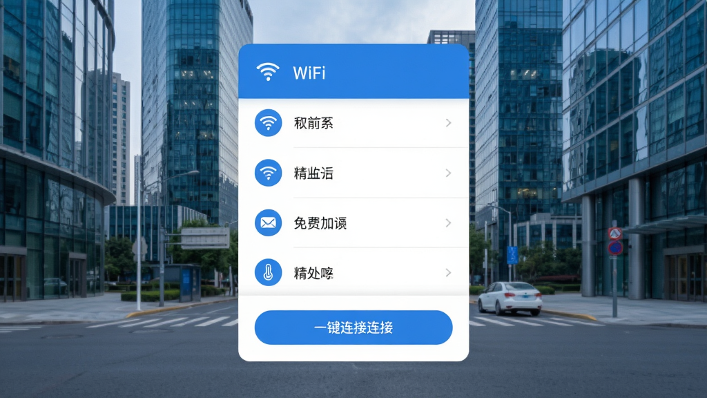 全通免费WiFi精简版主界面预览图,展示简洁的WiFi列表与一键连接按钮,背景为现代城市街景,界面以蓝白为主色调,图标清晰,布局直观,整体风格清爽干净,画质高清,无多余元素