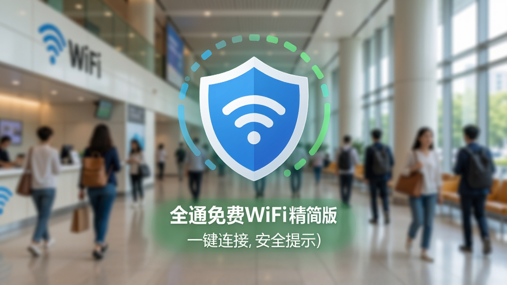 全通免费WiFi精简版一键连接安全提示图,界面显示连接成功状态,带有盾牌防护图标,背景为公共场所WiFi场景,色彩明亮,重点突出安全连接特性,画质清晰,无多余元素