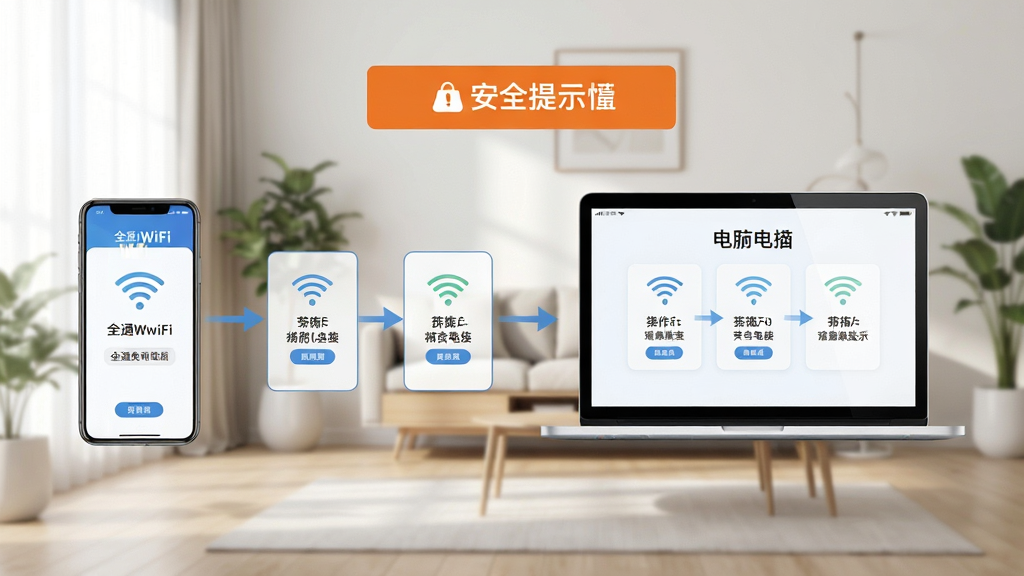 全通免费WiFi精简版使用教程流程图,手机与电脑同时连接WiFi,界面展示操作步骤,配有“安全提示”标语,背景为现代家居环境,画风简洁,画质高清,无多余元素