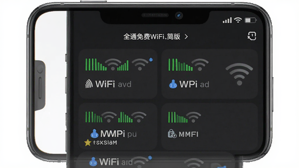 全通免费WiFi精简版智能扫描功能演示图,手机屏幕显示周边多个WiFi热点,信号强度图标与加密标识清晰可见,界面简洁,突出扫描速度与准确性,画质干净,无多余元素
