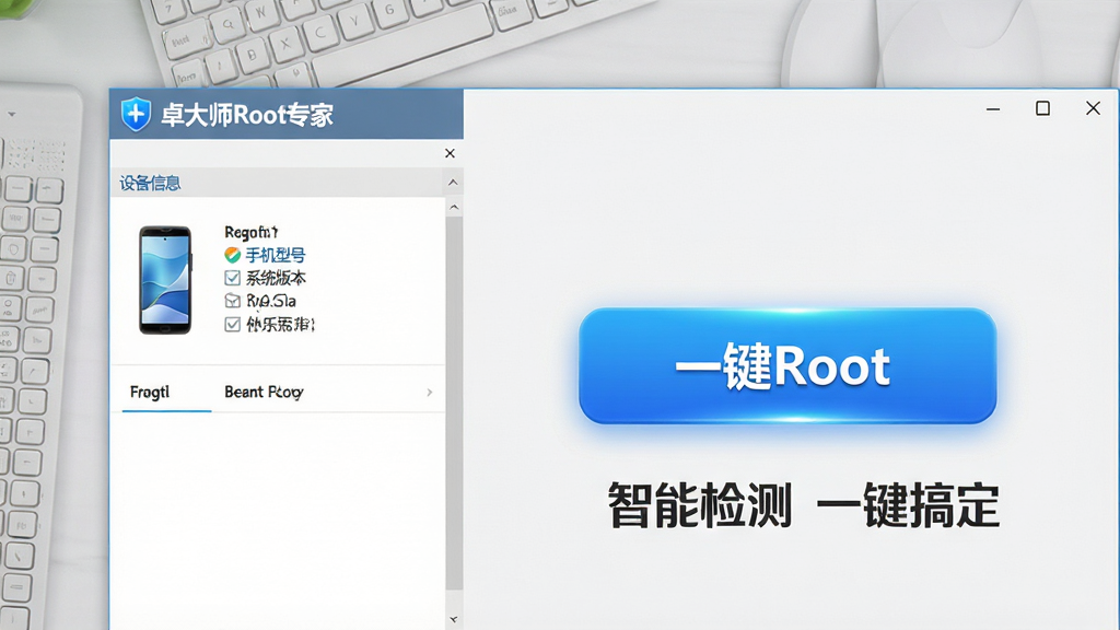 һ������������ʾͼ��չʾ��׿��ʦRootר�ҡ���Windows���������еĽ��棬���Ϊ�豸��Ϣ��壬��ʾ�ֻ��ͺ���ϵͳ�汾���Ҳ�Ϊ��Ŀ�ġ�һ��Root����ʼ��ť����ťΪ��ɫ����ɫ������΢��Ч��������Ϊ�ɾ���ǳ��ɫ����̨�����沼���������ص�ͻ��������ť��������רҵ�Ͻ������ֱ�ע�����ܼ�� һ���㶨����������������ͼƽ�⣬�޶���Ԫ�ء�