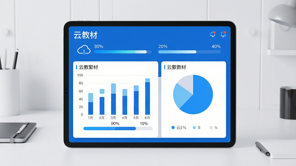 主体:平板电脑展示云教材的学习进度仪表盘,包含柱状图和饼图;布局:平板居中,背景为简约的办公桌面;排版:界面布局清晰,图表数据醒目;风格:商务科技风,蓝白主色调;细节:仪表盘上有“云教材”字样,进度条显示百分比;画质:高清渲染,整洁干净,无多余元素