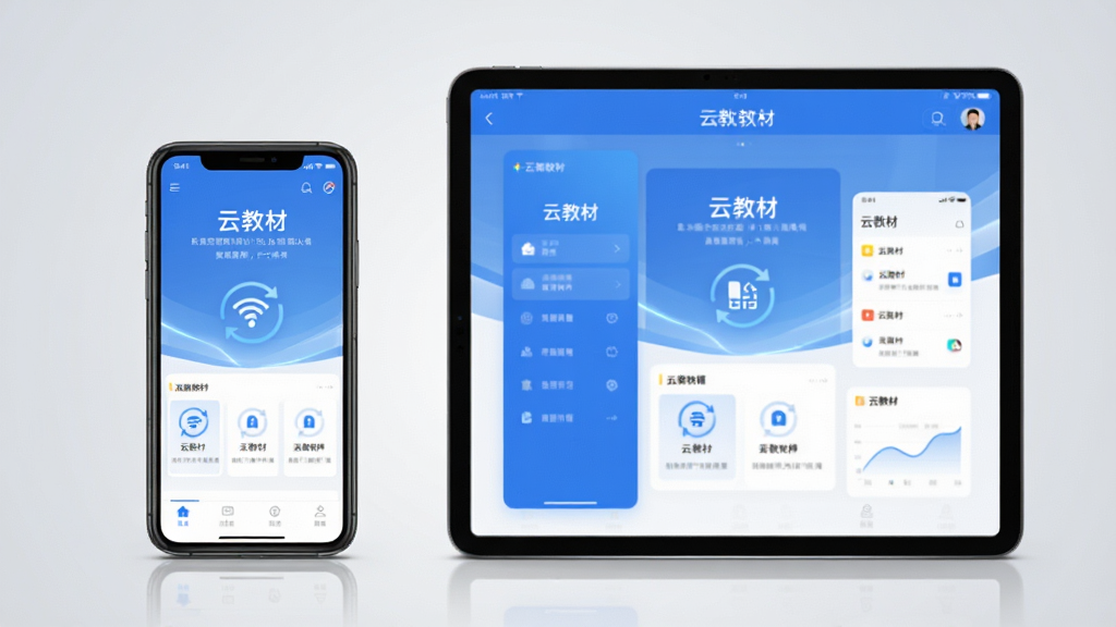 主体:一部手机和一台平板并排展示云教材的同步界面;布局:左右对称,手机和平板各占一侧;排版:设备居中,背景为浅灰色渐变;风格:现代科技感,蓝色与白色调;细节:两台设备屏幕均显示“云教材”主界面,数据同步图标可见;画质:高清渲染,画面干净,无多余元素