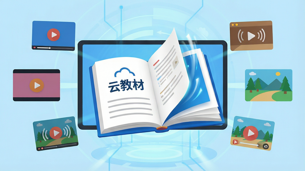 主体:一本打开的电子教材悬浮在屏幕中央,周围环绕着视频、音频、图片等多媒体元素;布局:居中构图,教材为主体,多媒体元素呈放射状分布;排版:清晰分层,前景教材,背景为浅蓝色科技感光效;风格:现代扁平化插画风格,明亮色彩;细节:教材页面上有“云教材”字样,翻页效果动态展示;画质:4K高清渲染,干净整洁,无多余元素