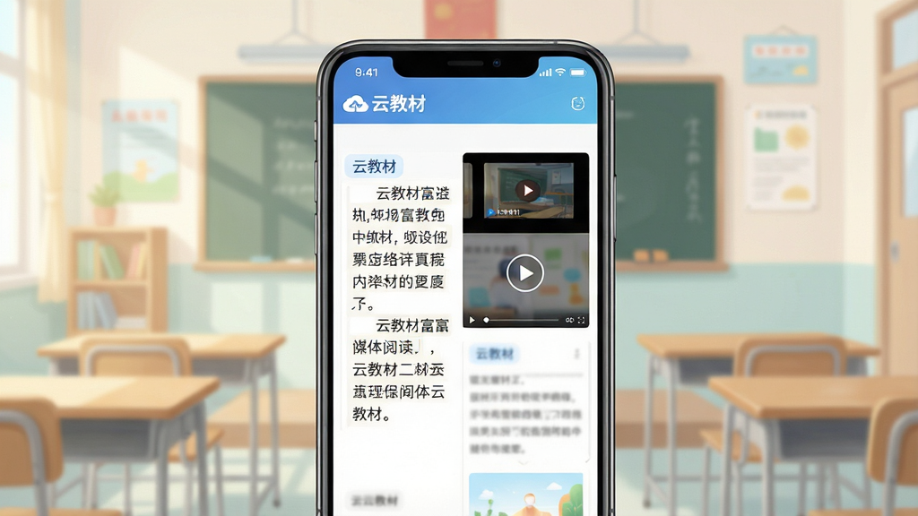 主体:手机屏幕展示云教材的富媒体阅读界面,左侧文字右侧视频播放窗口;布局:手机居中,屏幕内容清晰可见,背景为淡雅的教室场景;排版:手机竖向放置,屏幕内元素错落有致;风格:写实与插画结合,色彩柔和;细节:屏幕上有“云教材”标识,视频窗口显示播放按钮;画质:高分辨率,画面纯净,无多余元素