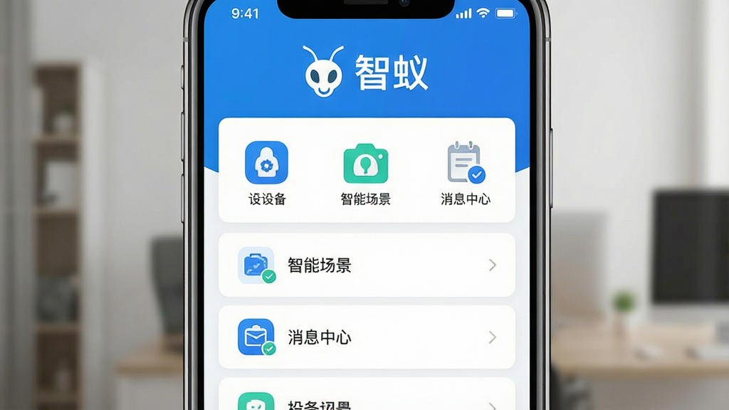 一张展示智蚁App主界面的高清截图,界面设计简洁现代,上方显示“智蚁”品牌Logo,下方排列着设备列表、智能场景、消息中心等清晰的功能图标,整体风格干净明亮,采用蓝白主色调,布局规整,画质细腻,无多余元素,图片中文字清晰可见“智蚁”字样。