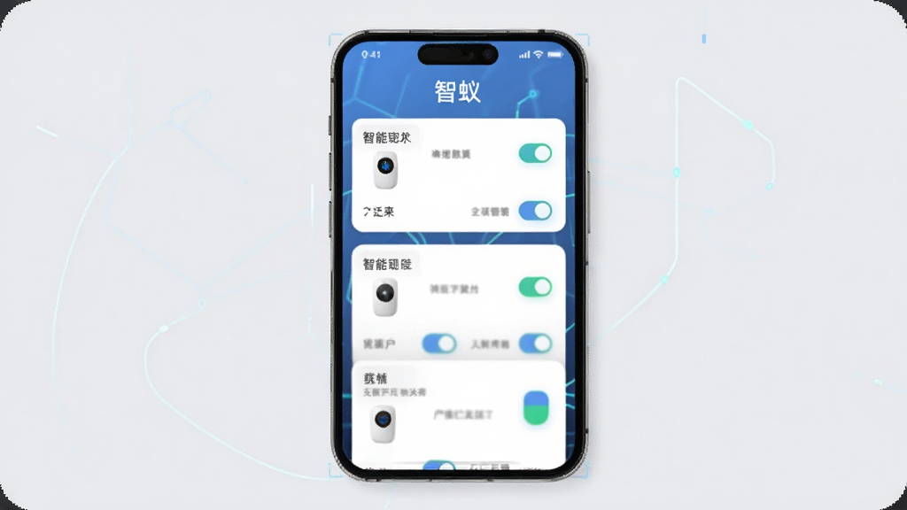 展示智蚁App设备管理界面的插图,画面中央是一台智能手机,屏幕上显示多个智能设备卡片,每个卡片带有设备名称和开关状态图标,背景为淡灰色,突出界面清晰感,整体风格科技感十足,包含“智蚁”字样,画质高清,干净无杂物。