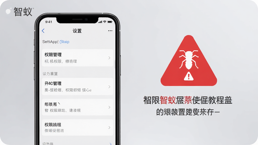一张智蚁App使用教程的配图,手机屏幕上显示“设置”页面,包含权限管理选项,背景为柔和灰色,旁边有一个红色的警示图标,强调权限设置的重要性,整体风格简洁,包含“智蚁”字样,画质高清。