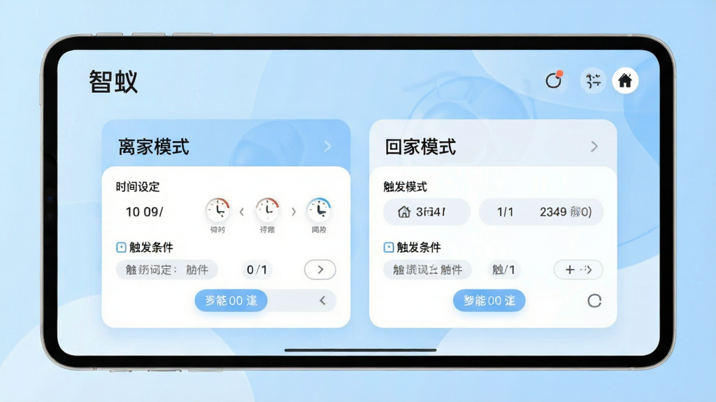 一张智蚁App场景编辑界面的概念图,界面展示“离家模式”与“回家模式”两个自动化场景卡片,卡内包含时间设定和触发条件选项,背景为浅蓝色渐变,整体风格简约现代,突出智能联动概念,包含“智蚁”文字标识,画质干净,无多余元素。