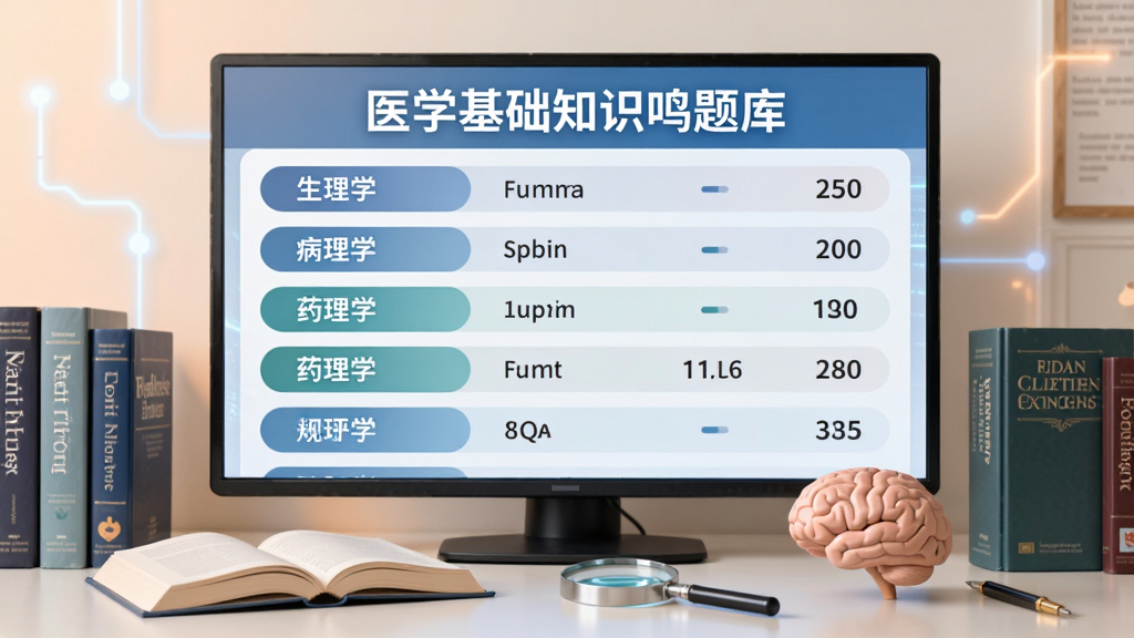 画面主体为一块巨大的电子显示屏,屏幕上展示“医学基础知识鸣题库”的题库分类列表,如生理学、病理学、药理学等,每类旁边有数字题量。屏幕下方有书本、放大镜和大脑模型。布局以屏幕为中心,两侧摆放医学书籍,风格科技感与教育感结合,画质清晰,色彩柔和,无多余元素。