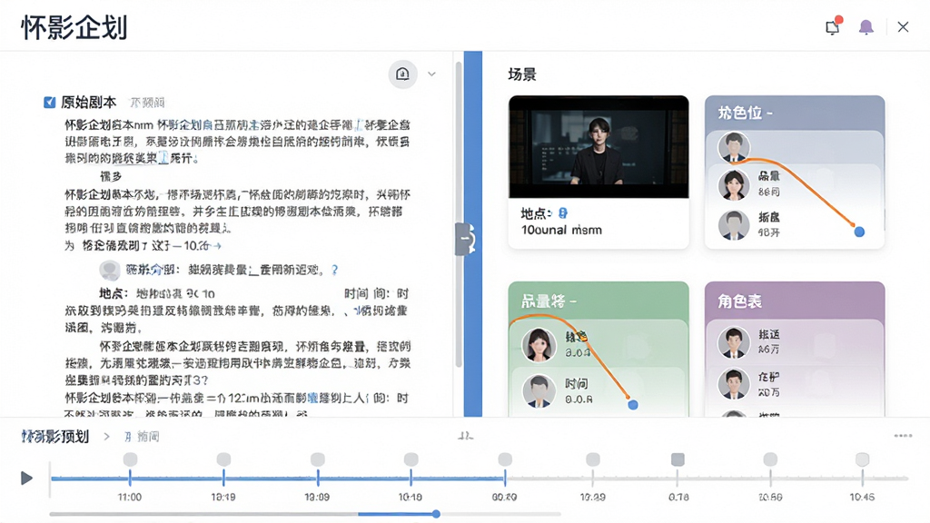主体:怀影企划的剧本解析界面,左侧为原始剧本文字,右侧为自动生成的场景卡片和角色列表。布局:左右分栏结构,中间用可拖拽分隔条隔开,下方为时间轴预览。排版:文字段落清晰,卡片式信息排列,颜色区分角色。风格:简洁商务风,白色背景配蓝灰字体。细节:屏幕左上角显示“怀影企划”字样,角色卡片有头像占位图,场景卡片标注地点和时间。画质:高清,干净,无多余元素。