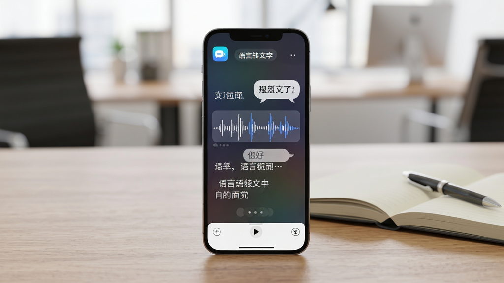 主体为一部正在运行'语言转文字'应用的智能手机特写,屏幕显示实时语音波形与逐字浮现的中文文字,手机平放在木质桌面上,旁边有一本打开的笔记本和一支笔。布局采用手机居中、背景虚化的办公室场景,排版干净留白。风格为写实产品渲染图,细节包括屏幕上的'语言转文字'应用图标和文字气泡,画质高清,干净无多余元素。
