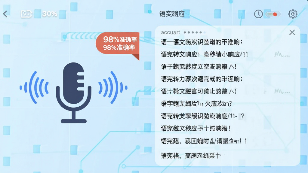 主体为'语言转文字'应用界面截图风格展示,左侧是麦克风图标与声波动画,右侧是不断滚动的准确文字流,背景是淡蓝色科技感网格。布局采用左右分栏,排版突出速度感与精准度。风格为扁平化UI插画,细节包括'98%准确率'角标与毫秒级响应字样,画质干净,无多余元素。
