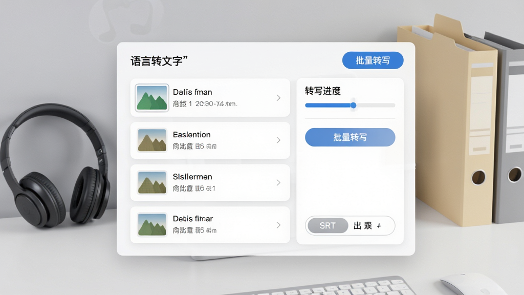主体为'语言转文字'应用的文件导入界面,展示音频文件列表与转写进度条,背景为柔和的灰白色工作台,有耳机和文件夹摆件。布局采用卡片式列表,排版清晰直观。风格为简洁商务风,细节包括'批量转写'按钮与SRT导出选项,画质干净,无多余元素。