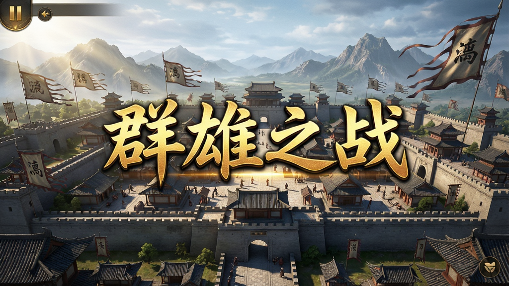 游戏主界面展示,一座繁华的古代城池全景,城内建筑错落有致,远处是连绵的群山和飘扬的战旗,画面中央有游戏名称“群雄之战”四个金色大字,整体风格写实,光影效果出色,UI布局清晰,画质细腻,干净无多余元素