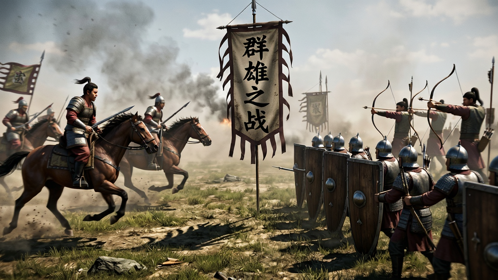 战场上两军对垒,一方是骑兵冲锋,另一方是盾兵防御,弓箭手在后方齐射,战场上硝烟弥漫,地面有光影和草木细节,画面中央有“群雄之战”字样的战旗,整体风格写实,动感十足,画质高清,干净无多余元素