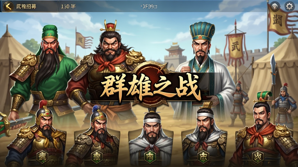 武将招募界面,展示多位三国名将的立绘,包括关羽、张飞、诸葛亮等,人物形象鲜明,背景是古风军营,画面中央有“群雄之战”标识,整体风格精致,立绘细腻,UI布局合理,画质清晰,干净无多余元素