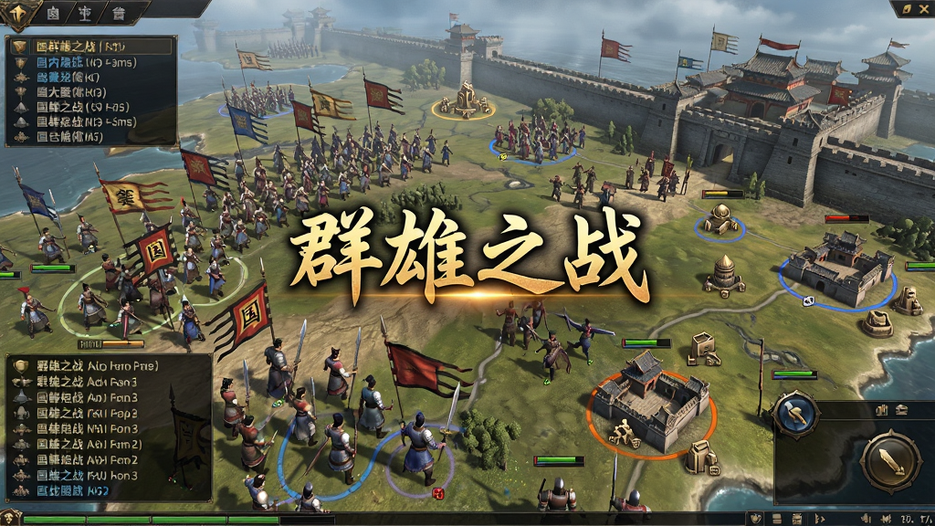 国战场景,数百名玩家角色在巨大的地图上集结,旗帜飘扬,指挥频道有文字提示,地图上标注着各个城池的图标,画面中央有“群雄之战”字样,整体风格宏大,细节丰富,UI信息条理清晰,画质高清,干净无多余元素