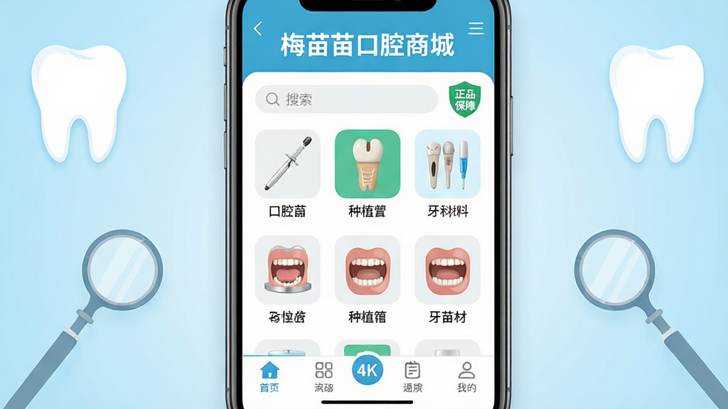 ���壺һ�������ֻ���Ļչʾ÷����App�����棬���涥���С�÷�����ǻ�̳ǡ��������в�չʾ��ǻ��е����ֲ�塢���Ʋ��ϵ���Ʒ����ͼ�꣬�ײ�Ϊ���ܵ����������֣��ֻ����У�����Ϊ����ɫҽ�Ʒ�񽥱䣬�����׺���ݺͿ�ǻ��ͼ�Ρ��Ű棺����������ͼ���������У����ֱ�ǩ��Ŀ������ִ���ƽ����ƣ�ɫ���������죬ҽ��רҵ�С�ϸ�ڣ���Ļ����ƷͼƬ���£�������������͡���Ʒ���ϡ���ʶ�����ʣ�4K���壬�ɾ����޶���Ԫ�ء�