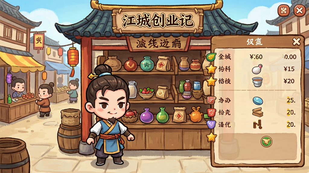 展示游戏内自由经商界面,玩家角色站在古风店铺前,面前是商品货架和交易面板,显示各种货物价格和库存,背景是热闹的古代市集,人物和场景为手绘Q版风格,布局清晰,色彩鲜艳,细节丰富,画质干净,画面中标注“江城创业记”字样