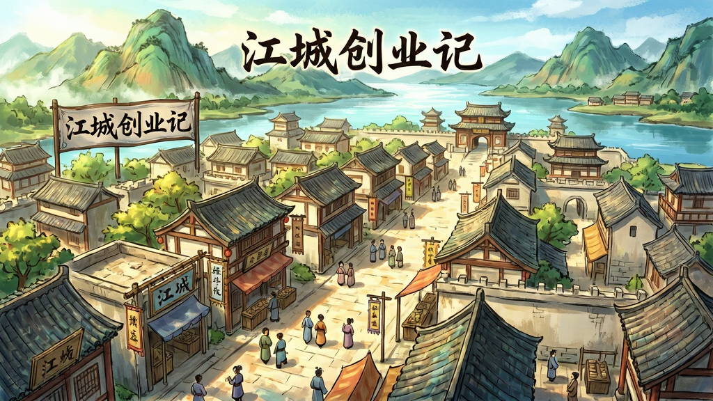 画面中展示游戏主城江城的全景鸟瞰图,古代中式建筑错落有致,街道上行人熙熙攘攘,店铺招牌林立,远处青山绿水环绕,整体风格为细腻手绘古风,色彩明亮温暖,布局层次分明,细节丰富,画质高清干净,无多余元素,画面中标注“江城创业记”字样