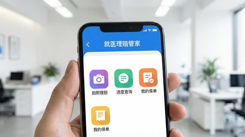 一张智能手机屏幕特写,屏幕内显示“就医理赔管家”APP的主界面,界面布局清晰,顶部为蓝色工具栏,下方排列着“拍照理赔”、“进度查询”、“我的保单”等彩色功能图标,背景为干净明亮的现代办公室环境,手机被一只手握着,画面聚焦于屏幕内容,画质高清,光线柔和,无多余元素