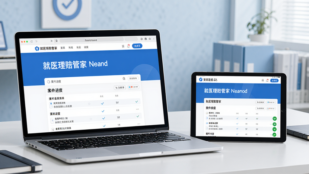 一张办公桌上的场景,一台笔记本电脑和一个平板电脑同时打开“就医理赔管家”的网页版与APP版界面,屏幕中显示“案件进度”列表,整体色调为蓝白搭配,画面整洁,体现多设备数据同步的便捷性,画质清晰