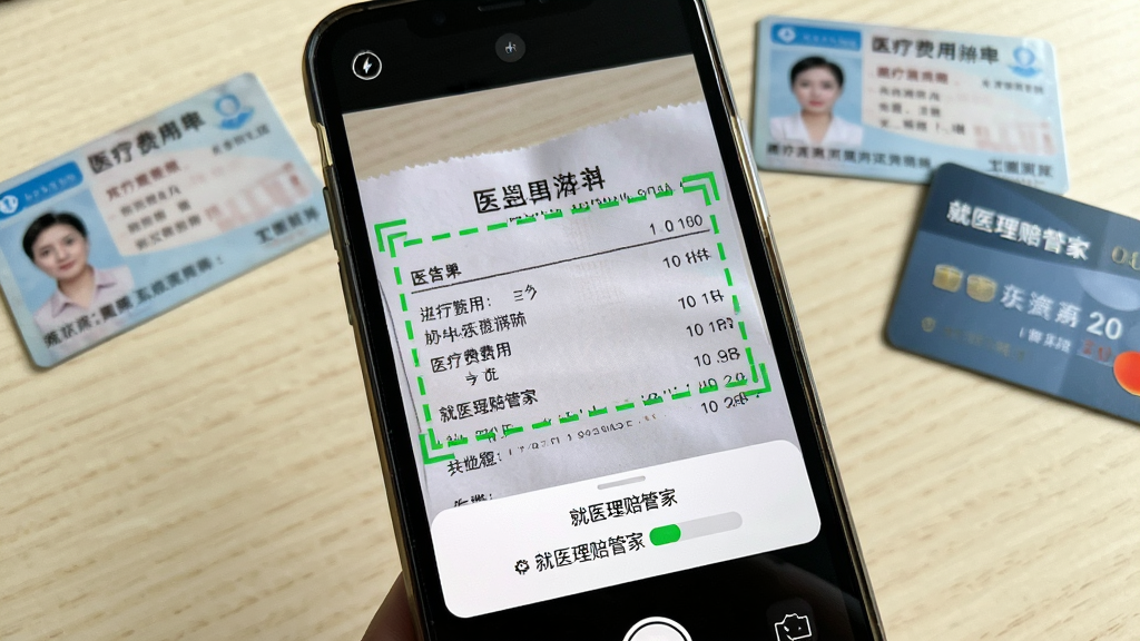 手机相机取景框对准一张医疗费用发票,屏幕上自动用绿色框线标记出识别区域,并弹出“就医理赔管家”的识别进度条,背景为浅色桌面,旁边放有身份证和银行卡,构图清晰,展示智能识别的便捷性,画面干净,画质精细