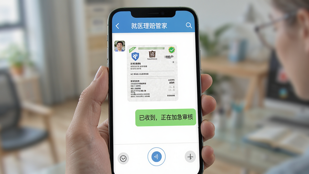 手机屏幕显示“就医理赔管家”的在线客服聊天界面,对话气泡中包含用户发送的发票图片和客服回复的“已收到,正在加急审核”文字,界面下方为语音输入按钮,整体UI设计友好,背景虚化,突出对话内容,画质清晰