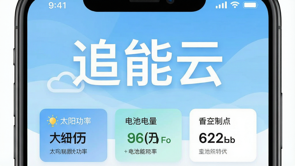 一张展示追能云APP在手机上运行的主界面预览图,界面设计简洁现代,中央大字号显示“追能云”字样,下方清晰展示太阳能板发电功率、电池电量等核心数据卡片,背景为淡蓝色渐变,风格干净明亮,画质高清,无多余元素