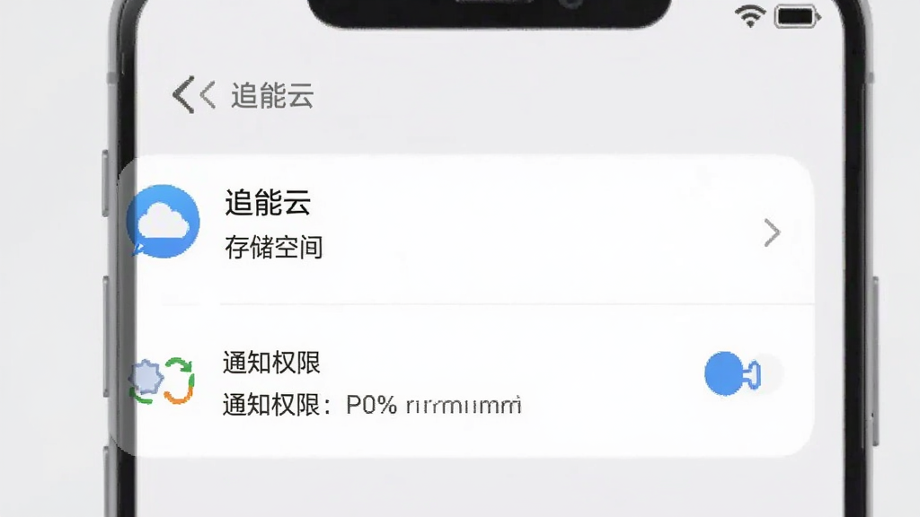 追能云APP在手机上的运行环境示意图,展示手机设置界面中“追能云”的权限管理选项,包括存储空间与通知权限,背景为浅灰色,风格简洁明了,画质清晰,无多余元素