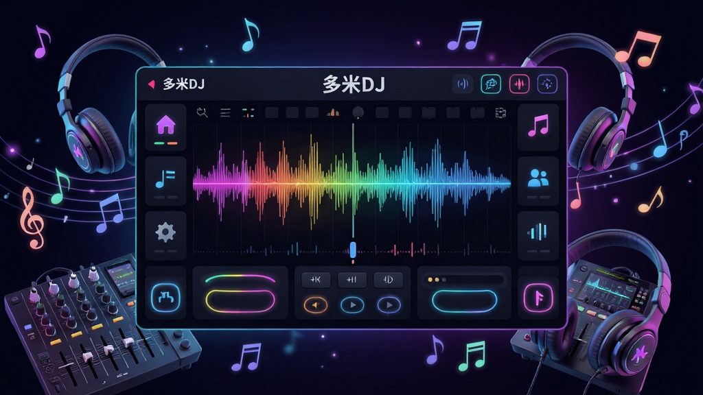 主体:一款名为“多米DJ”的音乐创作软件界面,屏幕中央显示彩色波形与节拍标记,周围环绕耳机、混音台等元素。布局:软件主界面居中,背景为深色渐变,四周点缀音符与光效。排版:界面元素排列整齐,功能图标清晰。风格:科技感与潮流感兼备,色彩明亮。细节:波形图细腻,按钮带有霓虹光晕。画质:4K高清,干净无多余元素。