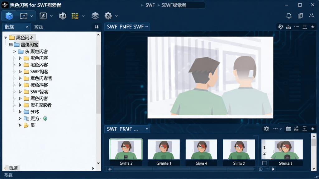画面中央展示“黑色闪客 for SWF探索者”软件主界面,左侧为文件夹树形列表,右侧为SWF文件预览区与帧序列缩略图,窗口采用深蓝科技感配色,布局清晰,界面干净,图标精致,整体风格现代简约,画质高清,无多余元素
