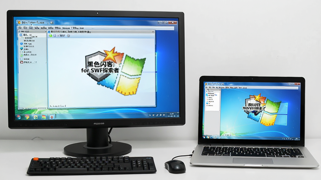 展示“黑色闪客 for SWF探索者”软件运行在Windows电脑上的截图,界面完整显示,旁边有一台笔记本电脑,屏幕中软件清晰可见,周围环境简洁,画质干净,无多余元素